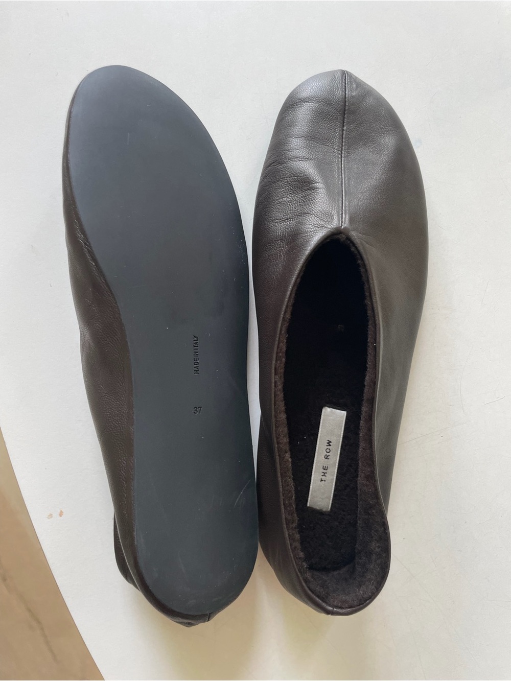 THE ROW Stella Leather Shearling Slippers - Size 7